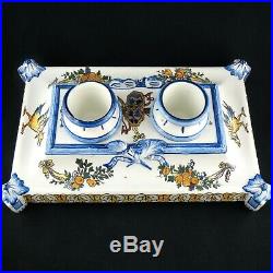 Ancien ENCRIER Double, Faïence GIEN RENAISSANCE, Antique French Ceramic Inkwell