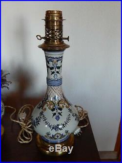 Ancienne Lampe à pétrole/huile en faïence Rouen 19ème siécle antique french