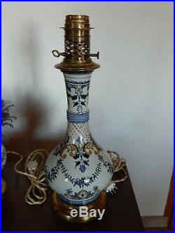 Ancienne Lampe pétrole/huile en faïence Rouen 19 ème siècle antique french/déco