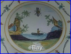 Antique 1800's French Faience Pottery Plate Man Fishing Bee Unmarked Quimper
