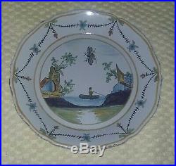 Antique 1800's French Faience Pottery Plate Man Fishing Bee Unmarked Quimper