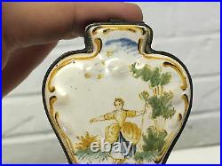 Antique 1830-40 French Faience Patch Pill Snuff Box w Woman in Field & Marked