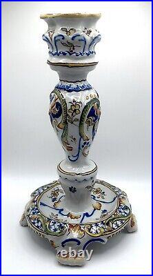 Antique 1885 Rouen French Faience Hand Painted 9-1/2 Candlestick