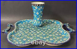 Antique 19C French Emaux de Longwy Large Faience Tray and Vase