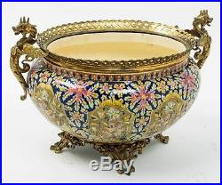 Antique 19th C Continental Gilt Bronze Metal Faience Jardiniere Planter Urn Vase