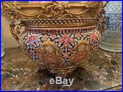 Antique 19th C Continental Gilt Bronze Metal Faience Jardiniere Planter Urn Vase