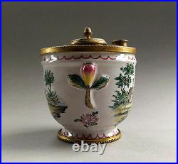 Antique 19th C. French Faience Veuve Perrin Ink Stand Inkwell gilt brass mounted