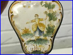 Antique 19th Cent. French Faience Patch Pill Snuff Box w Woman in Field & Marked