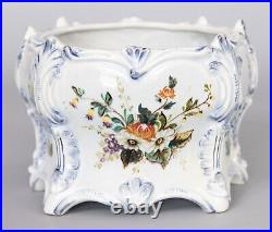 Antique 19th Century French Country Floral Faience Cache Pot Jardiniere Planter