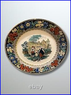 Antique 19th Century French Victorian Faience Creil Plate 2 Women with Child RARE