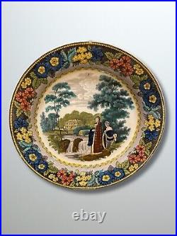 Antique 19th Century French Victorian Faience Creil Plate Two Women by Waterfall