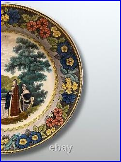 Antique 19th Century French Victorian Faience Creil Plate Two Women by Waterfall