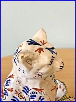Antique 19thc French Faience Pottery Cat Twin Open Salt Marked With H