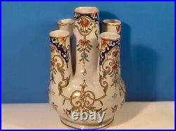 Antique 5 Finger Vase French Faience Hand Painted Tulip Vase c1900