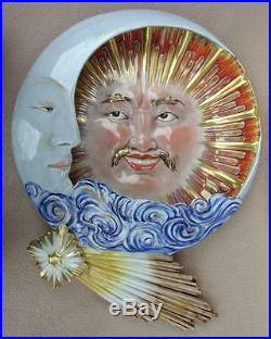 Antique Art Deco French Ceramic Faience Wall Plaque Celestial Sun & Moon Chinese