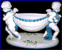 Antique Art Pottery French Faience Blue & White Centerpiece Bowl w Cherub Signed