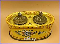Antique Bronze Lids French Faience Inkwell Hand Painted Flowers 19th Century