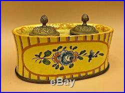 Antique Bronze Lids French Faience Inkwell Hand Painted Flowers 19th Century