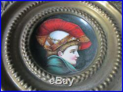 Antique Ceramic Hand Painted French Faience Plate Boy Port Brass Hammered Frame