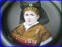 Antique Ceramic Hand Painted French Faience Plate Girl Port Brass Hammered Frame