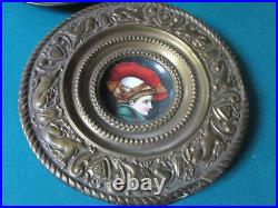 Antique Ceramic Wall Plaque French Faience Plate Boy Port Brass Hammered Frame