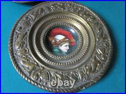 Antique Ceramic Wall Plaque French Faience Plate Boy Port Brass Hammered Frame