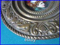 Antique Ceramic Wall Plaque French Faience Plate Boy Port Brass Hammered Frame