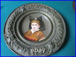 Antique Ceramic Wall Plaque French Faience Plate Girl Port Brass Hammered Frame