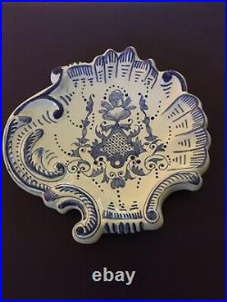 Antique Clam Scallop Shaped Dish Spoon Rest Delft Blue Faience France Lady Bust