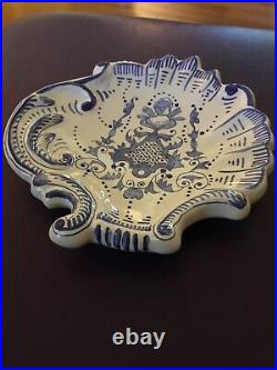 Antique Clam Scallop Shaped Dish Spoon Rest Delft Blue Faience France Lady Bust