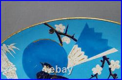 Antique Creil Montereau HP Cobalt Turquoise & Gold Bird & Floral Faience Platter