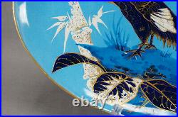 Antique Creil Montereau HP Cobalt Turquoise & Gold Bird & Floral Faience Platter