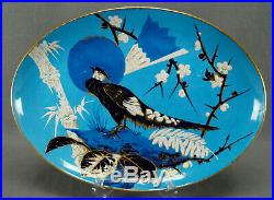 Antique Creil Montereu HP Cobalt Turquoise & Gold Bird & Floral Faience Platter