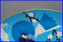 Antique Creil Montereu HP Cobalt Turquoise & Gold Bird & Floral Faience Platter