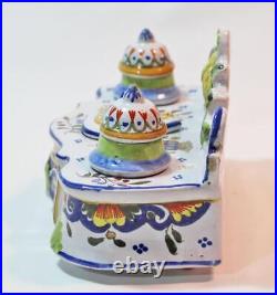 Antique Decorative Inkwell French Rouen Faience Double Well + Covered Storage
