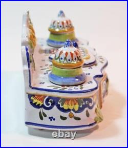 Antique Decorative Inkwell French Rouen Faience Double Well + Covered Storage