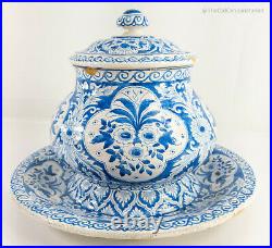 Antique Dutch French Delft Pottery Covered Bowl BLue and White Faience Signed