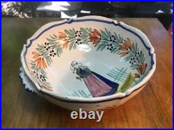 Antique Early Quimper French Faience Hanging Bowl with Primitive Decoration