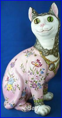 Antique Emile Galle Pottery French Faience Pink Cat With Glass Eyes Signed