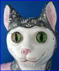 Antique Emile Galle Pottery French Faience Pink Cat With Glass Eyes Signed