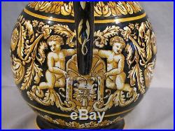 Antique FRENCH GIEN FAIENCE POTTERY JUG PITCHER 1860s-70s CHERUBS