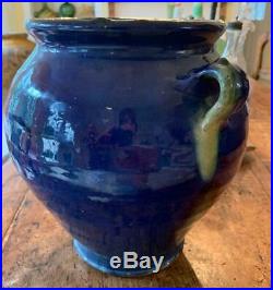 Antique Faience French Confit Pottery Glazed Terracotta Cruche Pitcher Blue Pot