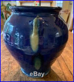 Antique Faience French Confit Pottery Glazed Terracotta Cruche Pitcher Blue Pot