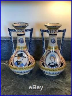 Antique Faience French Henriot Corbeille Quimper 1930 pair of tall vases rare
