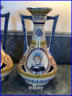 Antique Faience French Henriot Corbeille Quimper 1930 pair of tall vases rare