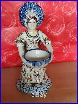 Antique Faience French Pottery Salt Cellar Lady 1792 Double Sided