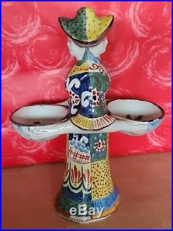 Antique Faience French Pottery Salt Cellar Lady Double Sided