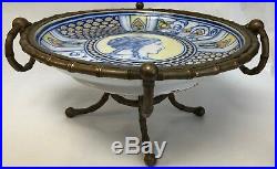 Antique Faience Low Bowl Plate Centerpiece Console In Bronze 2 Handle Stand