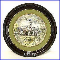 Antique Faience Pottery Plate in Round Wooden Frame W Children Playing Motif