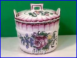 Antique Floral Hand Painted French Faience Lidded Butter Dish
